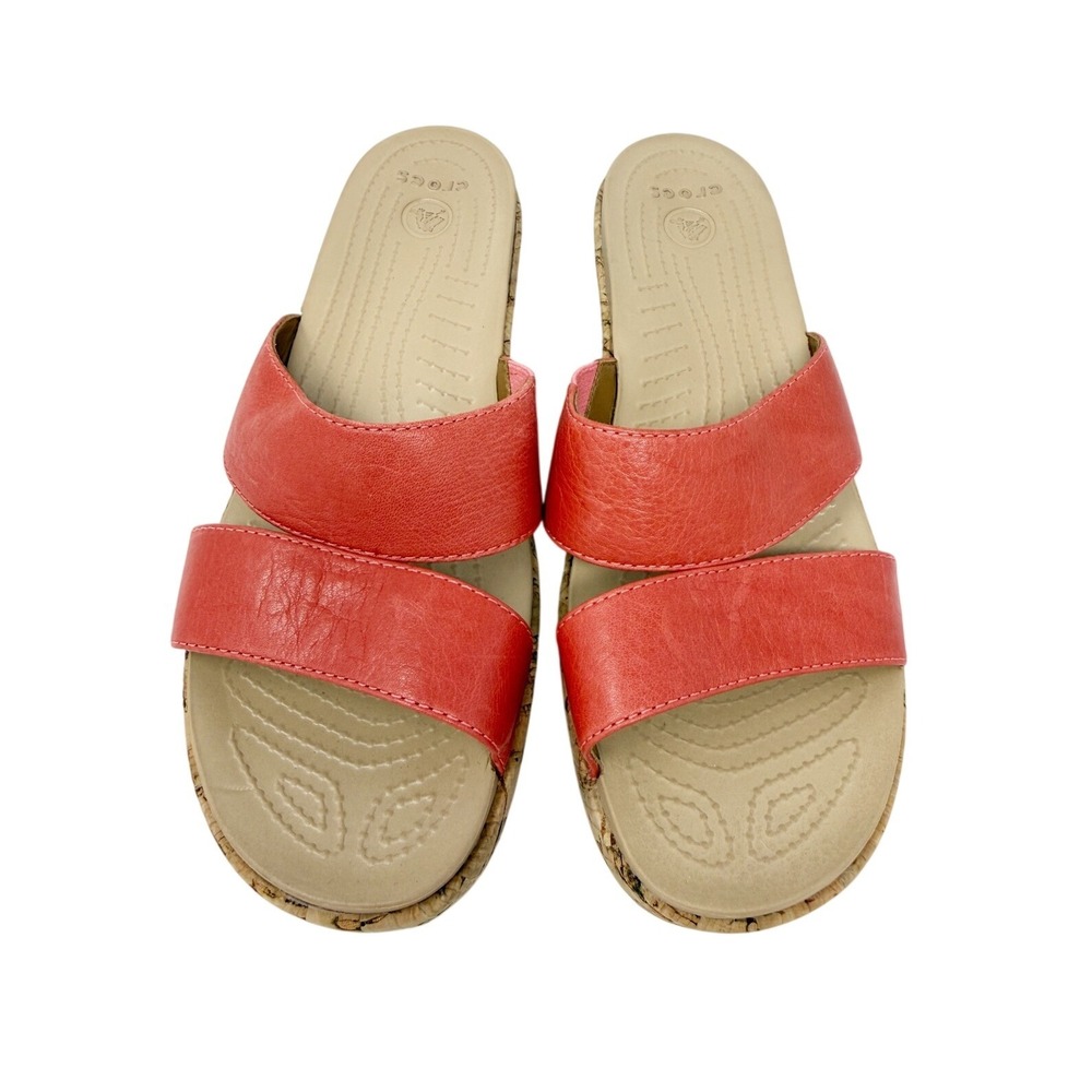 Crocs Womens A-Leigh Leather Mini Wedge Double Strap Sandal Orange 8 - Picture 2 of 13